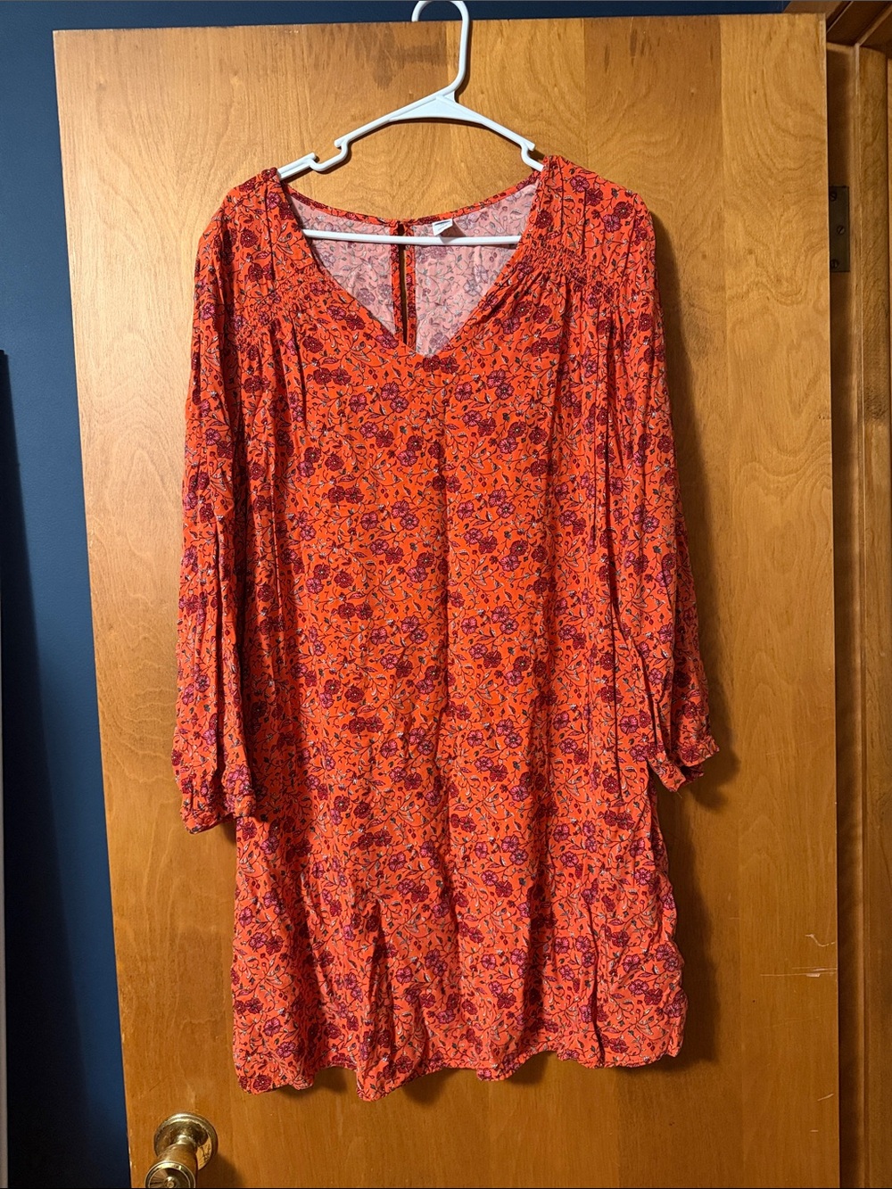 Old Navy Orange Floral Long-Sleeve V-Neck Tunic Dress